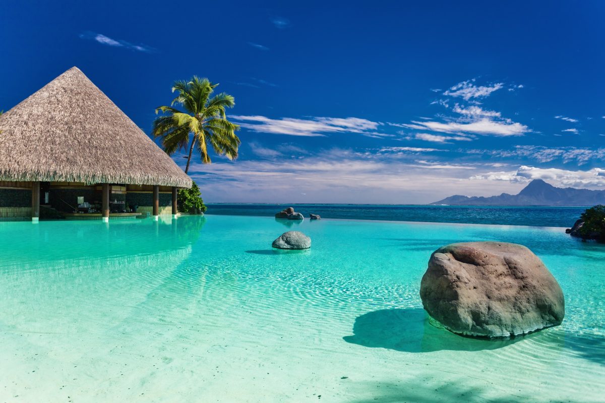 Infinity pool with palm tree rocks, Tahiti, French Polynesia